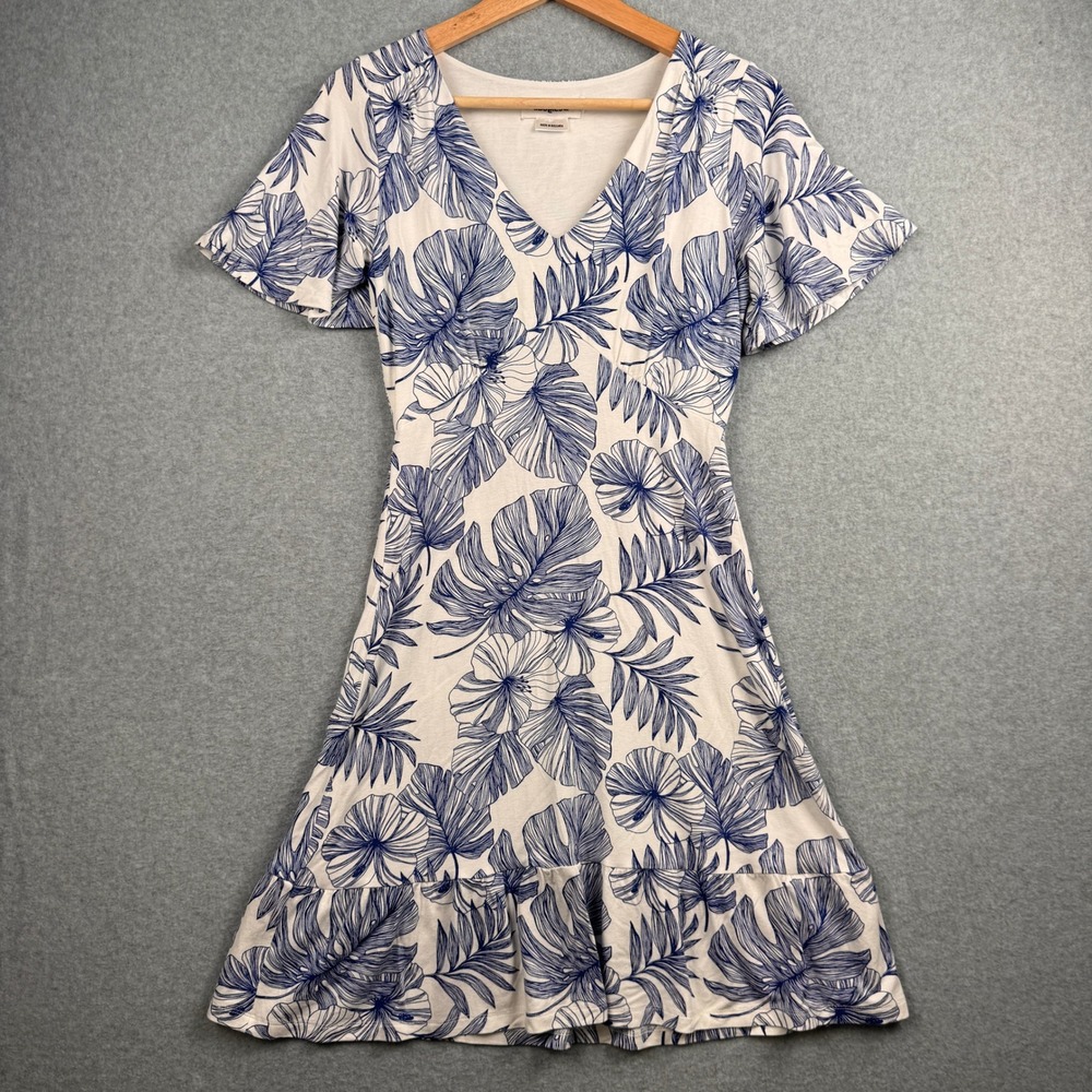 Desigual Dress Womens Small White Blue Tropical Palm Leaf Ruffle V Neck Flutter